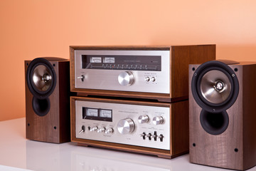 Wall Mural - Vintage hi-fi Stereo Amplifier tuner and speakers in wooden cabi