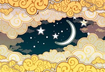 Cartoon style night sky with clouds and moon