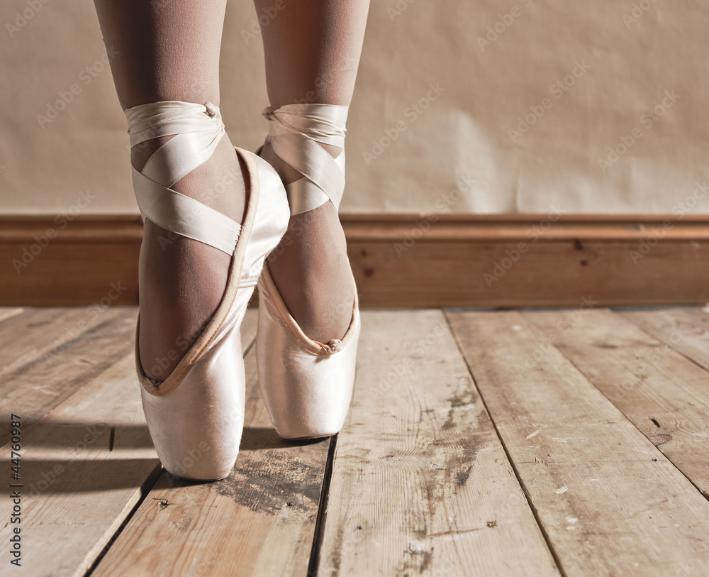 Ballet Shoes on Wooden Floor - obrazy, fototapety, plakaty 