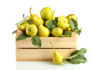 Poster - Juicy flavorful pears in box isolated on white