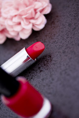 red lipstick, nail polish&  pink petals