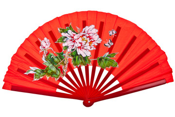 Red oriental chinese fan isolated on white background