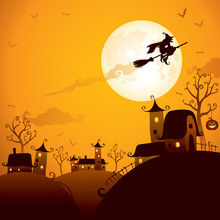 Witch Flying Above The Houses In Halloween Night