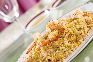 Wall Mural - Shrimp fried rice, yellow shrimp fried rice on long dish