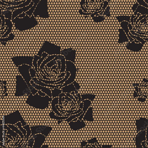 Naklejka - mata magnetyczna na lodówkę Black lace vector fabric seamless pattern with roses