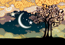 Cartoon Style Landscape With Tree And Moon