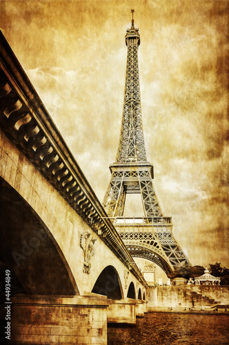Eiffel tower vintage retro view from Seine river, Paris - 44934849