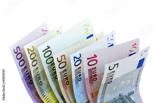 Fotografie, Obraz Eine Reihe von Euro-Geldscheinen auf weißem Hintergrund