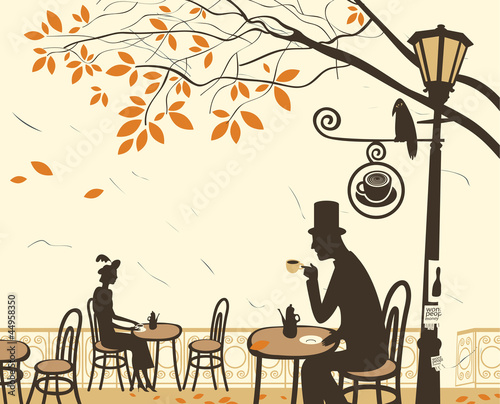 Naklejka na szybę Autumn cafes and romantic relationship between man and woman