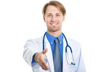 Smiling cheerful doctor giving hand for handshaking