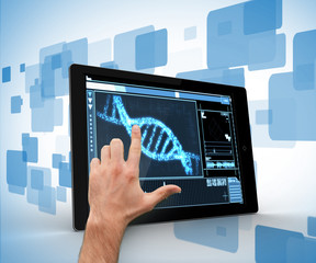 Poster - Man touching tablet pc with DNA interface