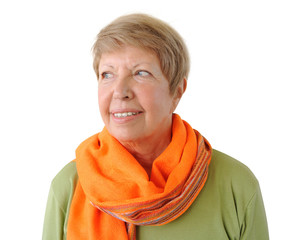 Portrait of elderly woman with orange cravat on the white backgr