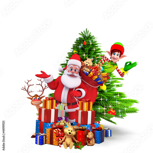 santa with elves hiding behind christmas tree Stock Illustration Adobe Stock