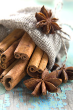 Cinnamon And Anise In A Small Burlap Sack