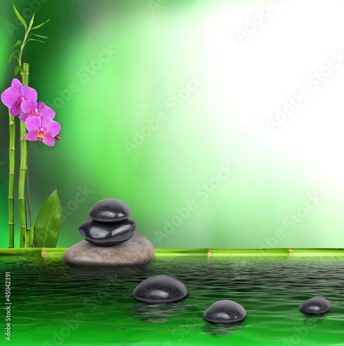 Doppelrollo mit Motiv - Bambus, Orchidee und Steine (von Visions-AD)