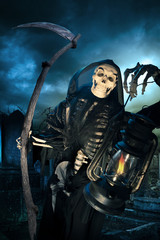 Wall Mural - Grim reaper/ angel of death with lamp at night