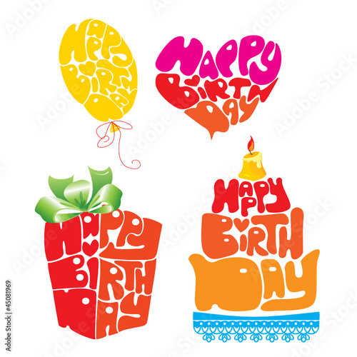 Obraz w ramie Heart, Ballon, Cake, Giftbox are Formed From Happy Birthday Text