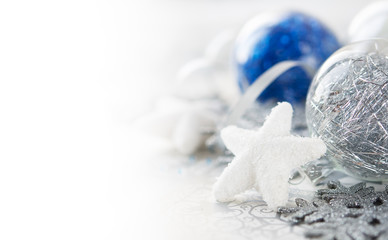 Wall Mural - silver and blue xmas decoration with copy space