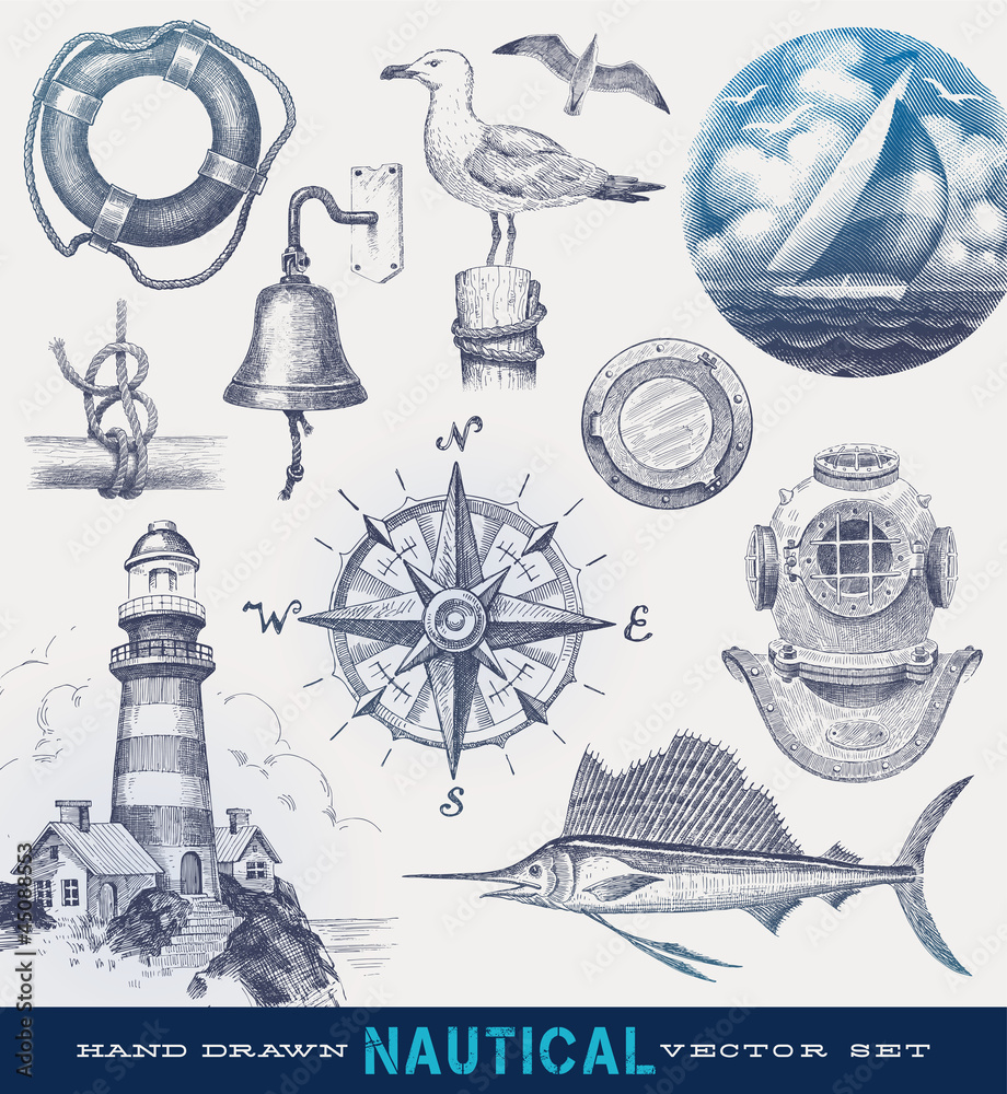 Nautical hand drawn vector set Stock Vector | Adobe Stock