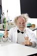Eccentic scientist in lab with pointer gestures with enthusiasm