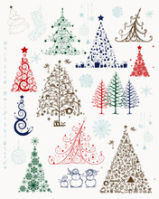 Set Of Christmas Trees And Decorations For Your Design