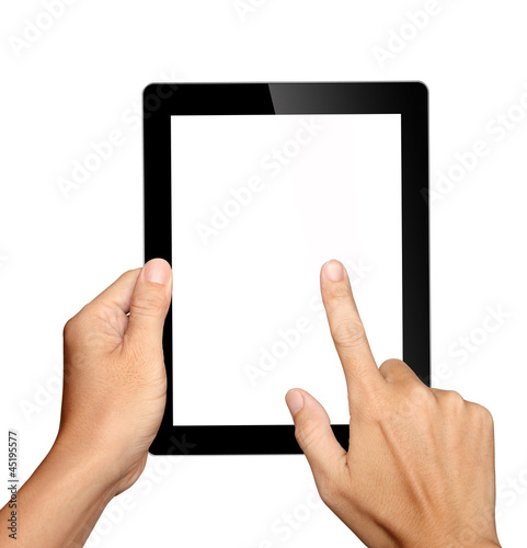 Fotografia hands holding and touching on tablet pc isolated