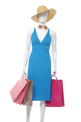 Canvas Print - Fashion clothing on mannequin with colorful bag