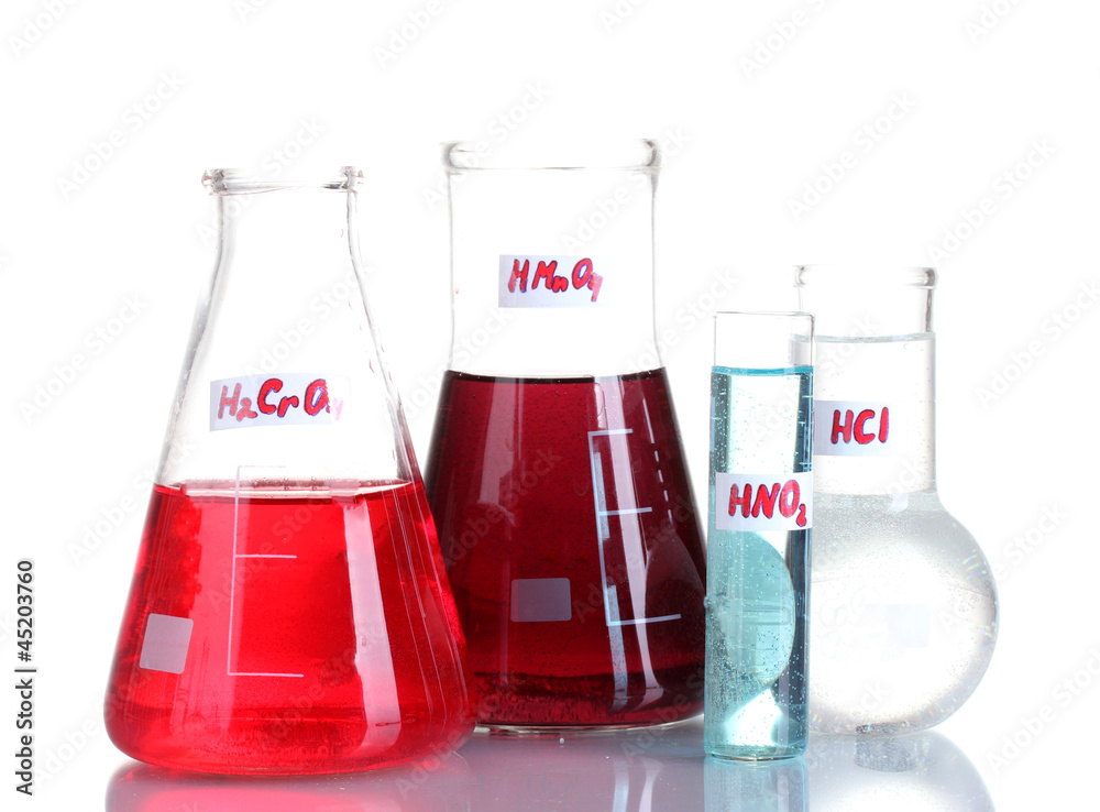Test-tubes with various acids and chemicals isolated on white