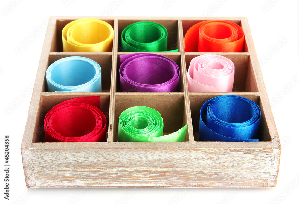 bright silk ribbons  in wooden box, isolated on white