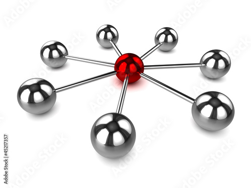 3d Network of Chrome spheres red centre