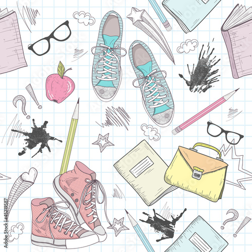 Obraz w ramie Cute school abstract pattern. Seamless pattern with shoes, bags,