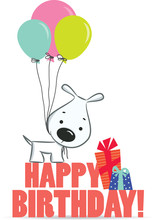 Cute Cartoon Dog With Balloons. A Birthday Greeting.