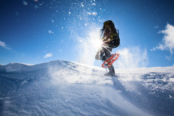 Sticker - Hiker in winter mountains snowshoeing