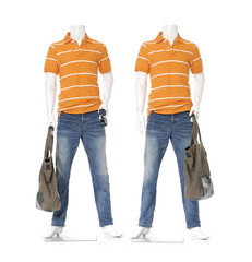 male mannequin dressed in jeans with orange striped shirt