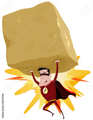 Red Superhero Raising Heavy Big Rock