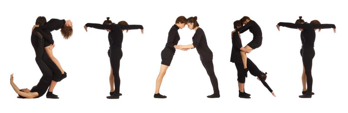 Black dressed people forming START word over white 