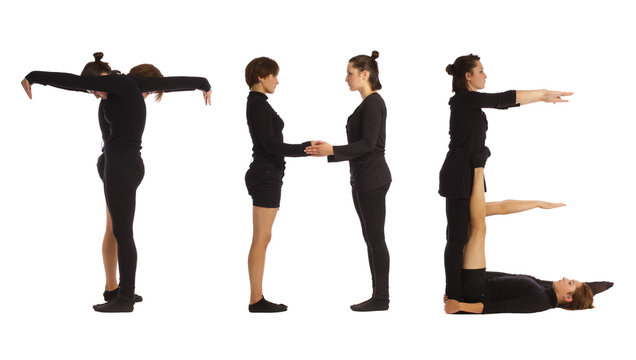 Black dressed people forming THE word over white 