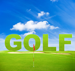 Wall Mural - green golf field with red flag and blue sky