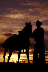 Wall Mural - Cowboy holding horse in sunset