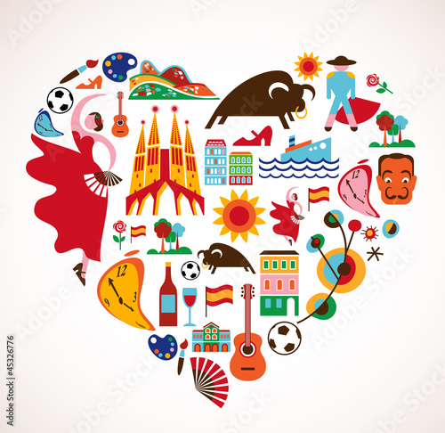 Fotografie, Obraz Spain Love - heart with set of vector icons
