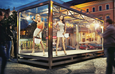 Wall Mural - Two pretty good looking woman in exhibition window