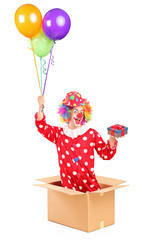 Sticker - Clown holding balloons and a gift in a cardboard box