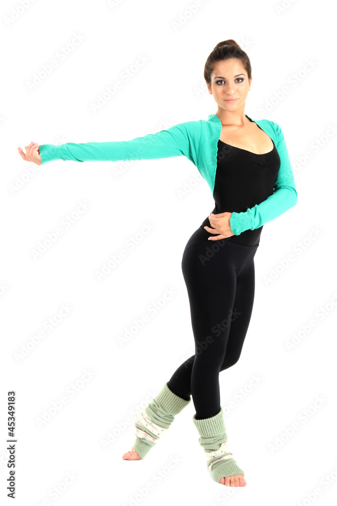 young beautiful brunette warming-up isolated on white