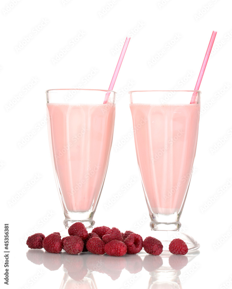 Raspberry milk shakes isolated on white