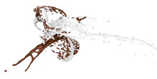 Collision Of Splashing Milk And Chocolate - Isolated On White