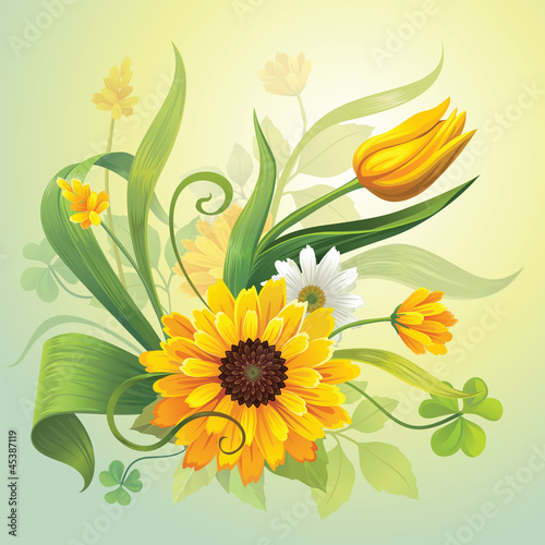 Obraz w ramie yellow flowers and leaves botanical nature illustration