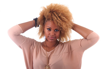 beautiful African woman smiling with long hair afro curly