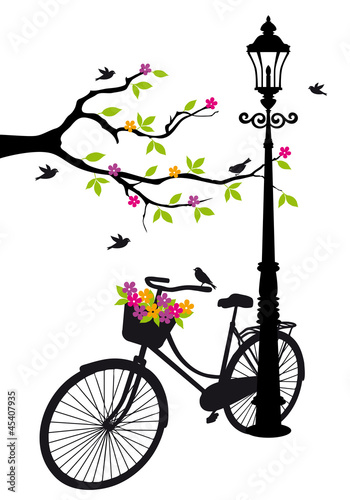 Obraz w ramie bicycle with lamp, flowers and tree, vector