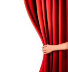 Background with red velvet curtain and hand. Vector