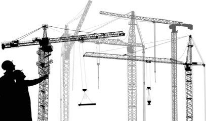 Wall Mural - labor near cranes isolated on white